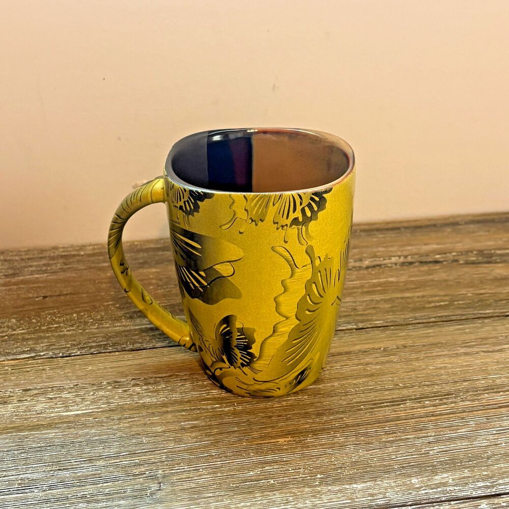 Ceramic Coffee Mug 16 oz Green Gold Black Butterflies Square Shaped